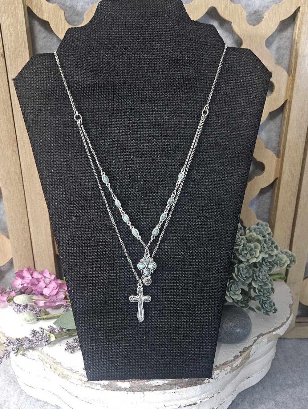 Lucky Brand Silver Tone Layered Necklace Featuring Two Crosses